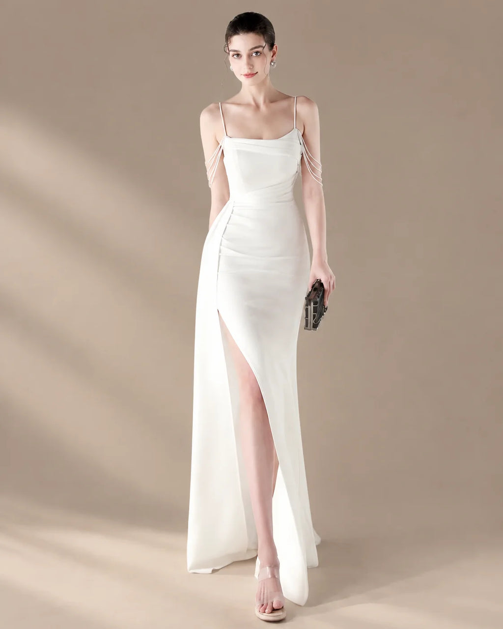 Spaghetti Strap Beaded Chain Draped Satin Mermaid Gown | Oyese
