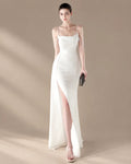 Spaghetti Strap Beaded Chain Draped Satin Mermaid Gown | Oyese