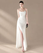 Spaghetti Strap Beaded Chain Draped Satin Mermaid Gown | Oyese