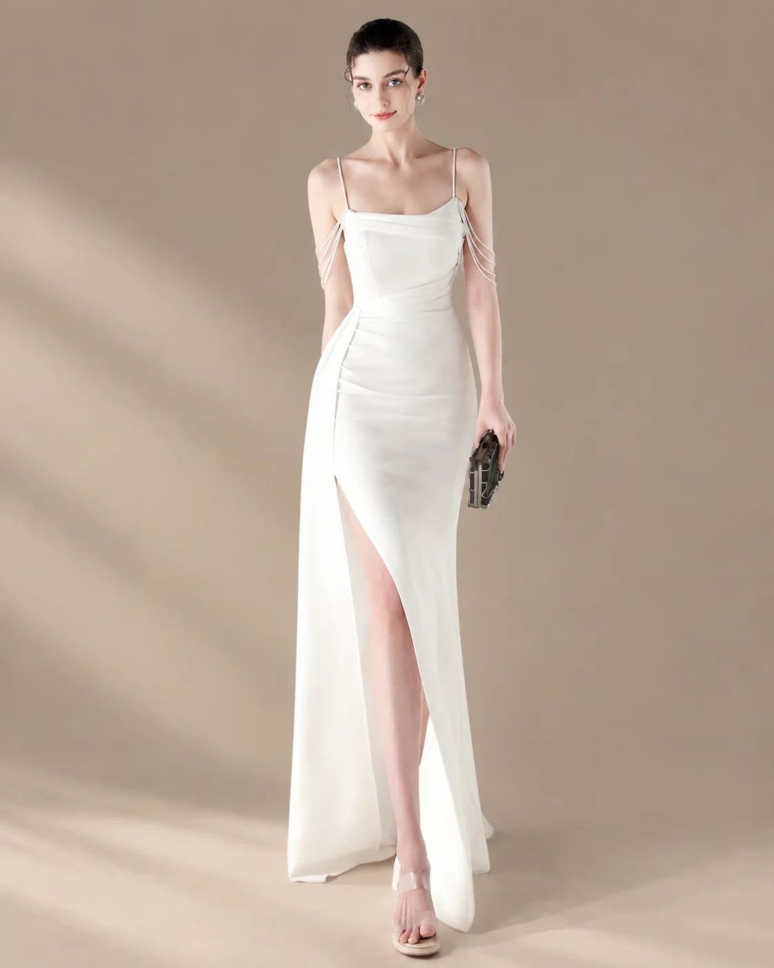 Spaghetti Strap Beaded Chain Draped Satin Mermaid Gown | Oyese