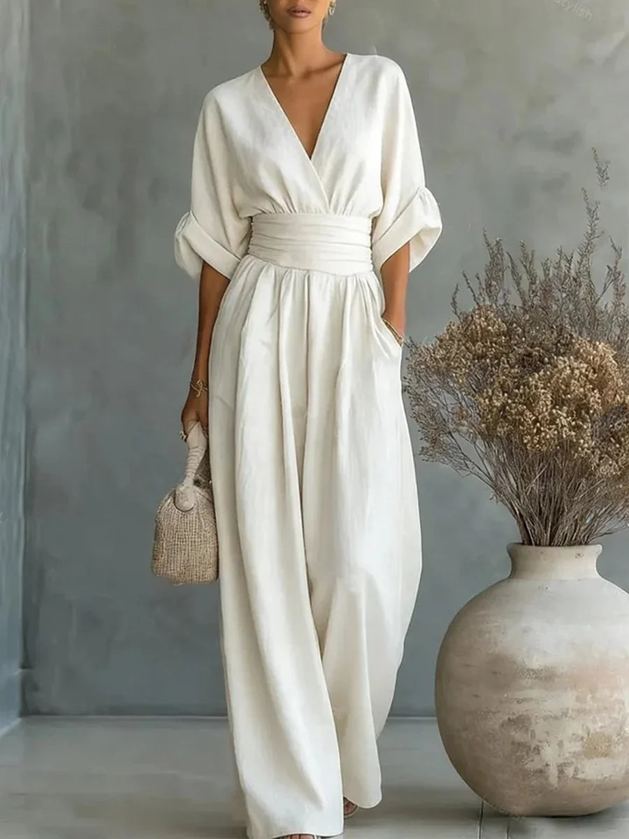 Women's Elegant V-Neck Wide-Leg Jumpsuit