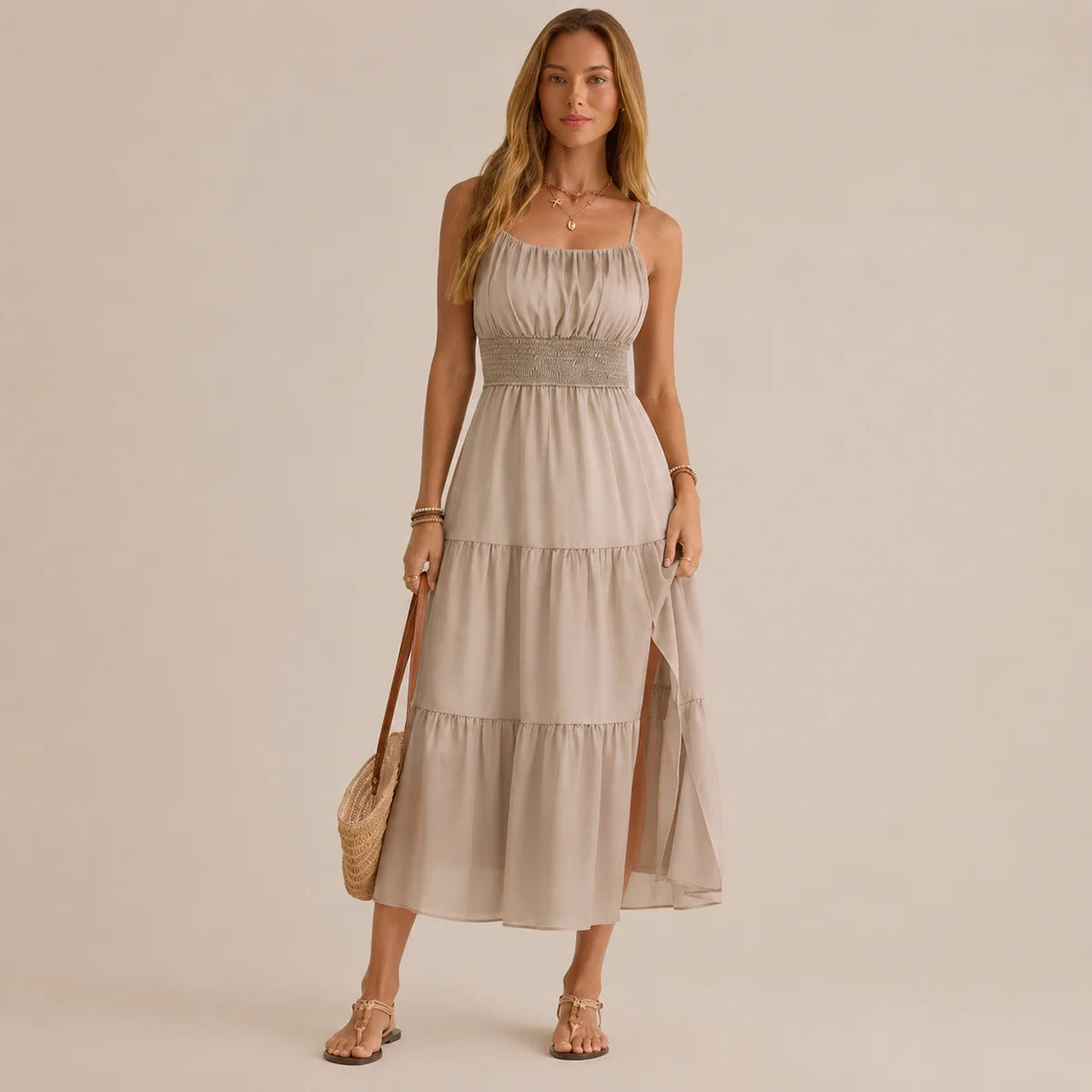 Pleated Solid Color Slim Dress