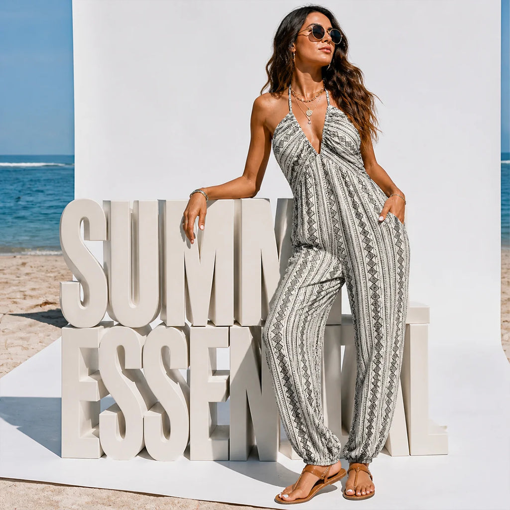Halter Neck Wide-Leg Jumpsuit in Tropical Print