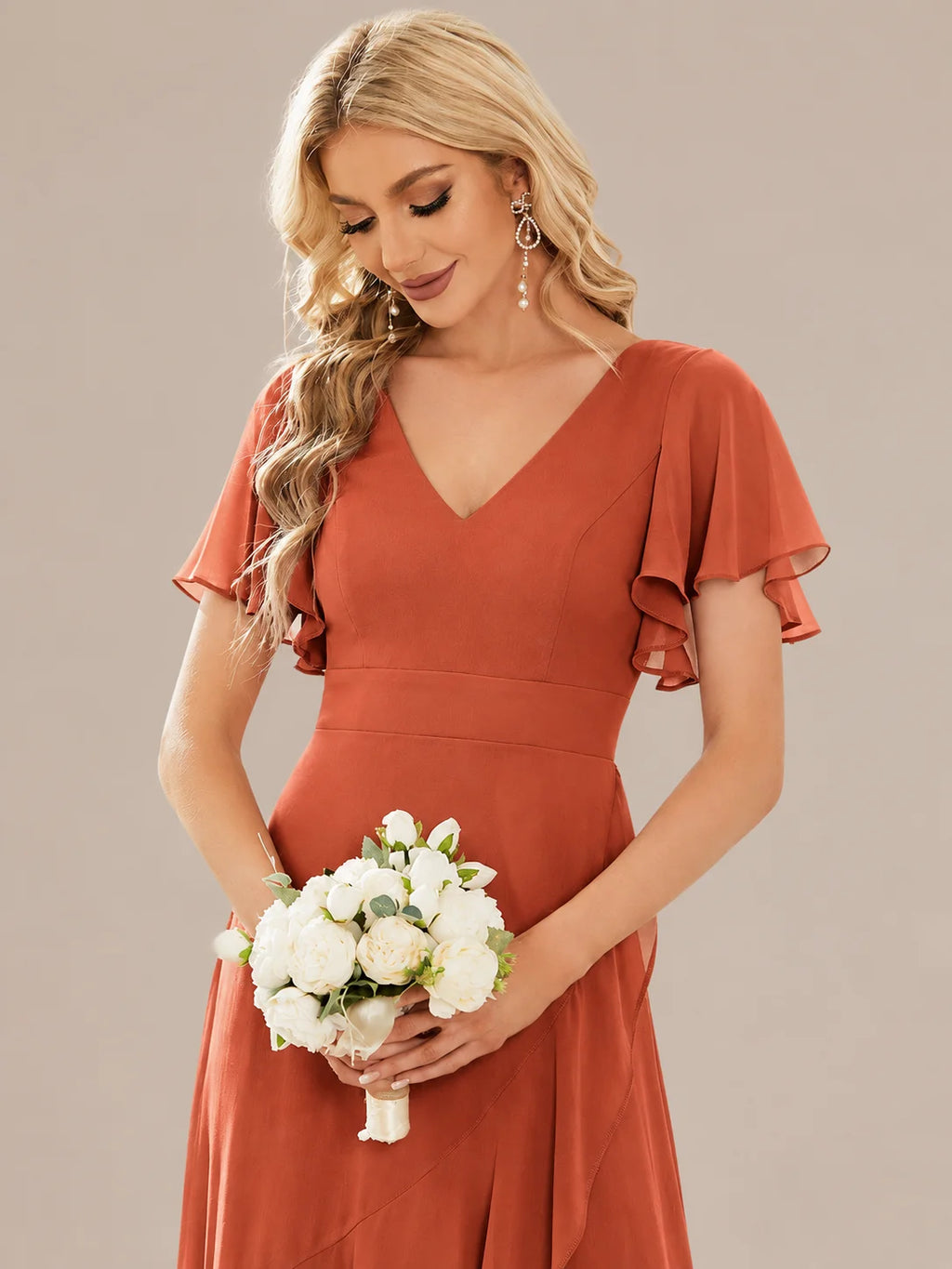 Double V-Neck Flutter Sleeve Flowy Slit Maxi Gown | Oyese