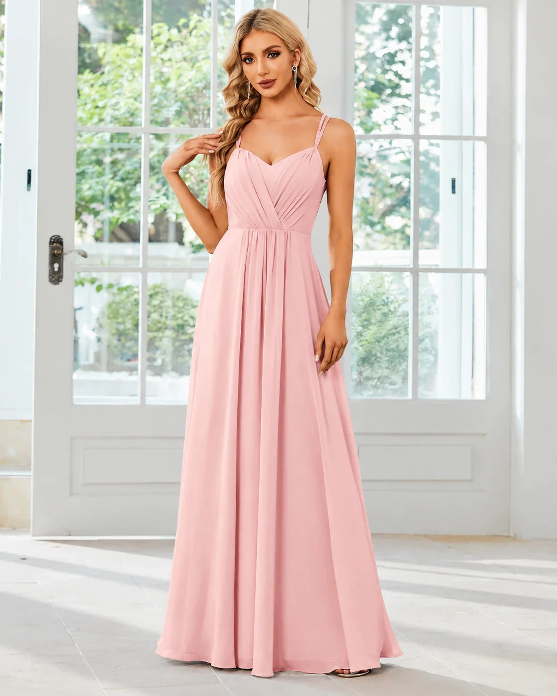 V-Neck Open Back Pleated A-Line Bridesmaid Gown | Oyese