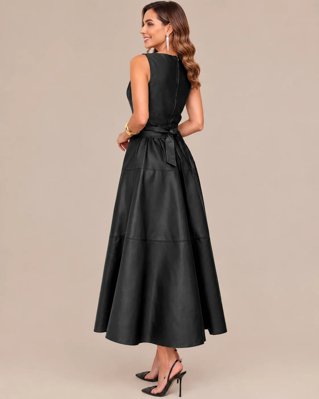 Sleeveless Faux Leather Belted A-Line Midi Dress | Oyese