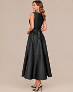 Sleeveless Faux Leather Belted A-Line Midi Dress | Oyese