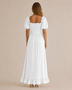 Off-Shoulder Corset Puff Sleeve Ruffle Maxi Dress – Renaissance Style | Oyese