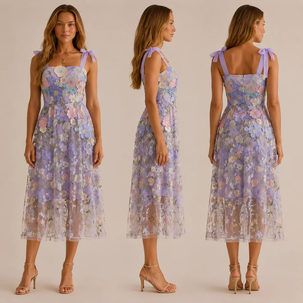 3D Floral Embroidered Tulle Mini Dress – Bow Strap Sweetheart Party Dress | Oyese