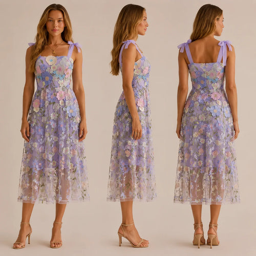 3D Floral Embroidered Tulle Mini Dress – Bow Strap Sweetheart Party Dress | Oyese
