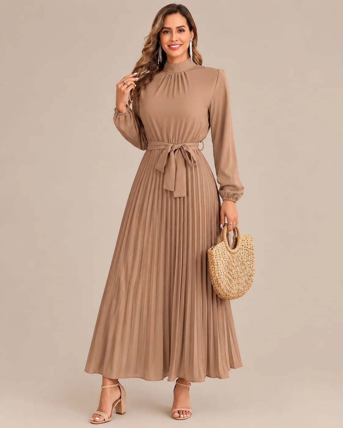 Ruffled Mock Neck Belted Pleated Midi Dress | Oyese