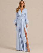 Deep V Long Sleeve Feather Cuff Maxi Dress with Slit | Oyese
