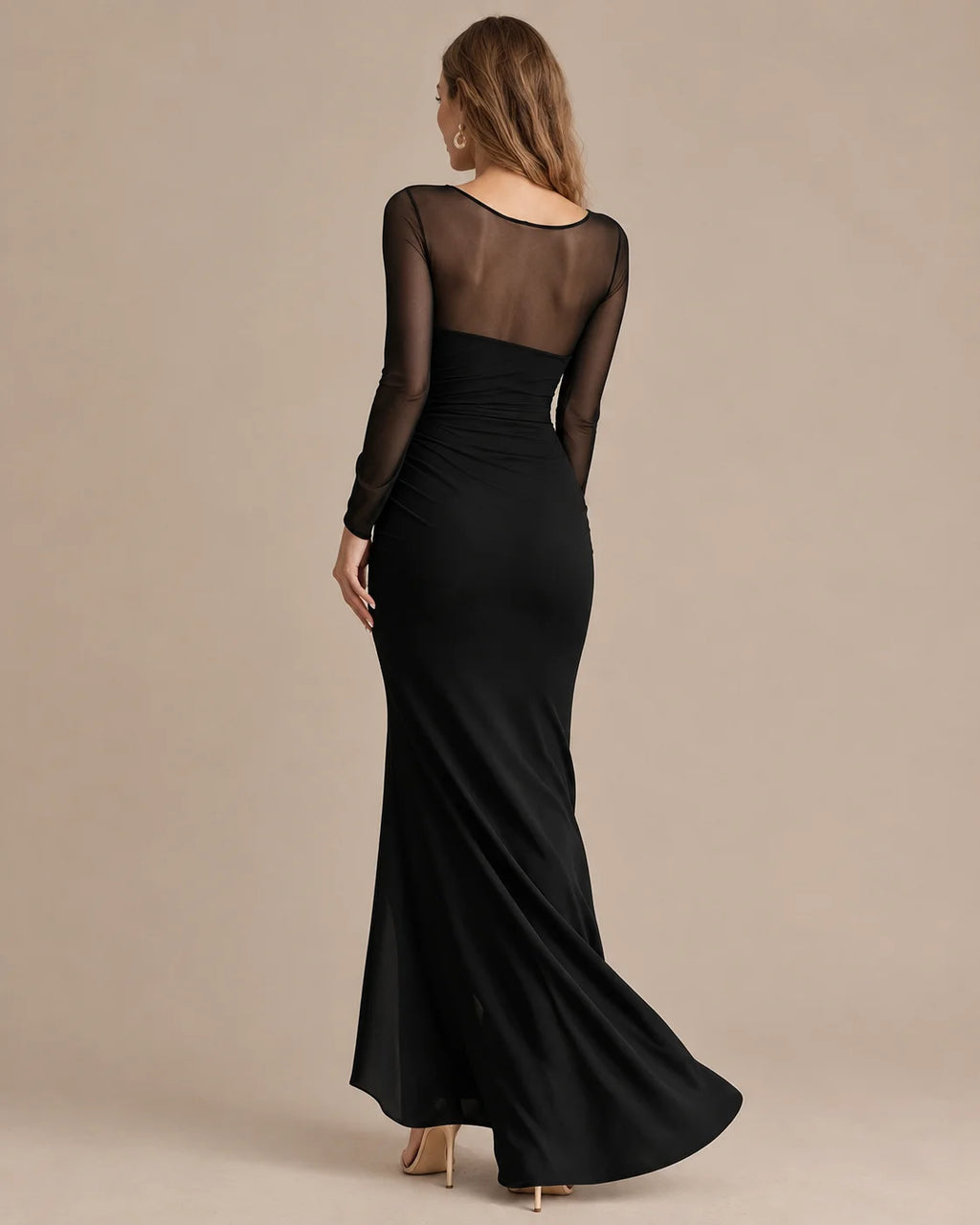 Illusion Neckline Sheer Sleeve Side Ruched Maxi Dress with Slit | Oyese