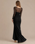Illusion Neckline Sheer Sleeve Side Ruched Maxi Dress with Slit | Oyese