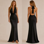 Halter Cowl Neck Satin Mermaid Gown – Backless Tie-Bow Evening Dress | Oyese
