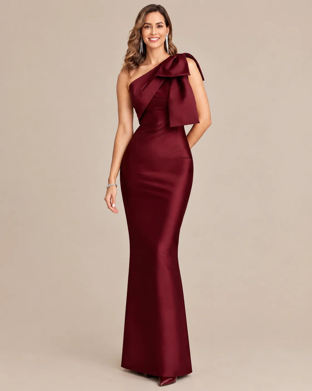 One-Shoulder Bow Satin Mermaid Evening Gown | Oyese
