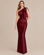 One-Shoulder Bow Satin Mermaid Evening Gown | Oyese
