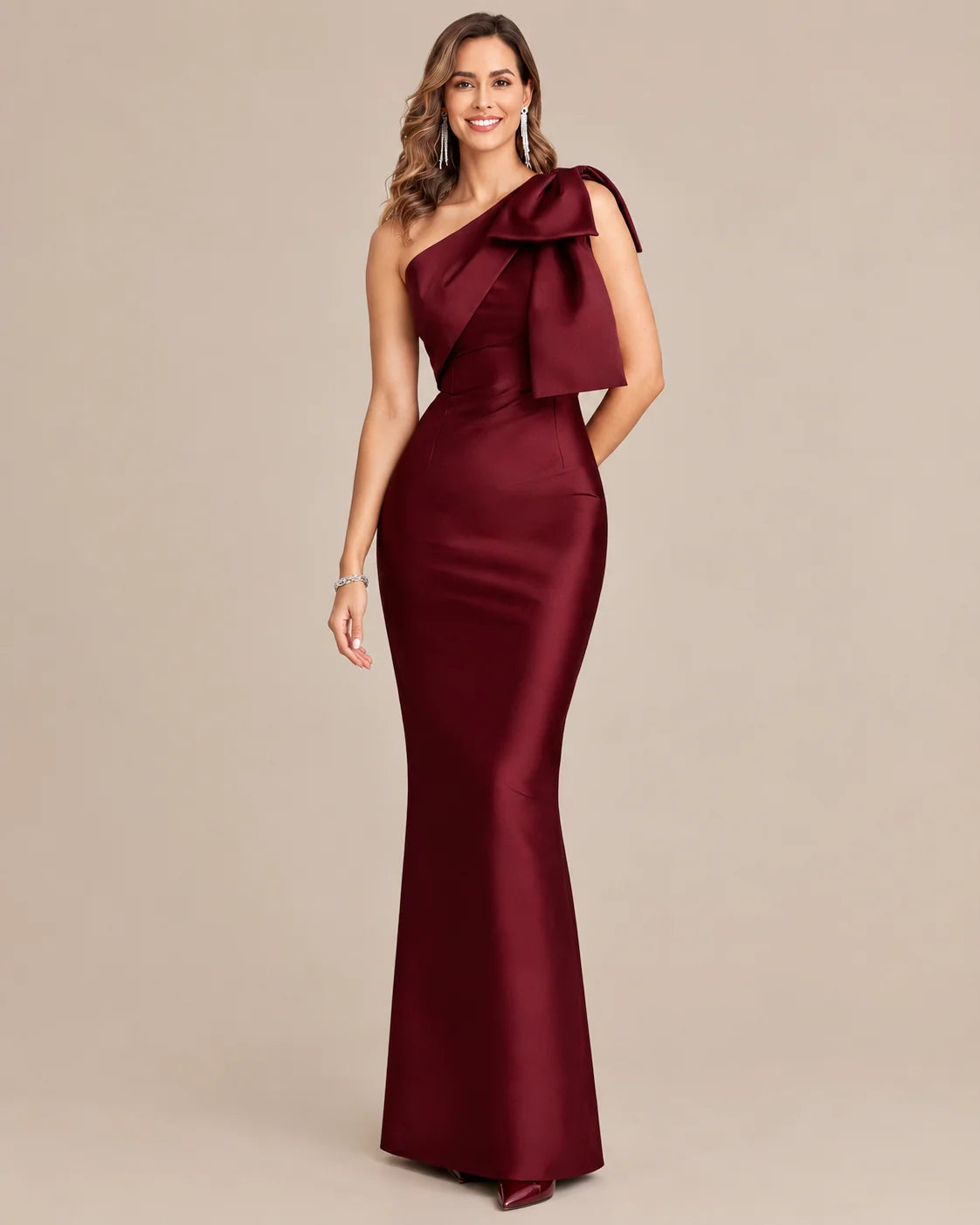 One-Shoulder Bow Satin Mermaid Evening Gown | Oyese