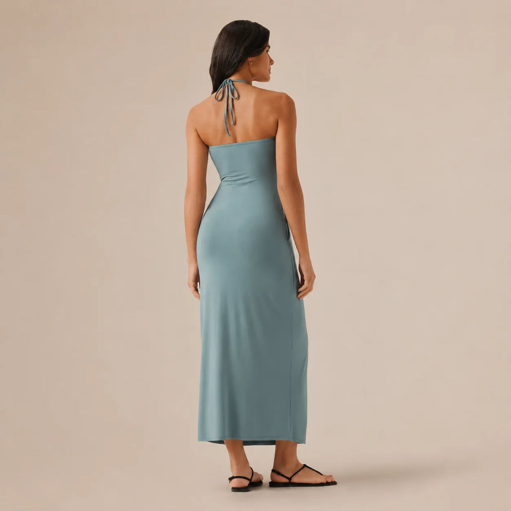 Halter Tie Gathered Maxi Dress with Pockets – Relaxed Summer Drape | Oyese