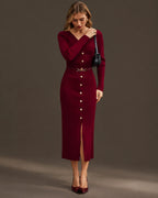 Ribbed Knit Button-Front Sweater Dress + Free Belt | Oyese