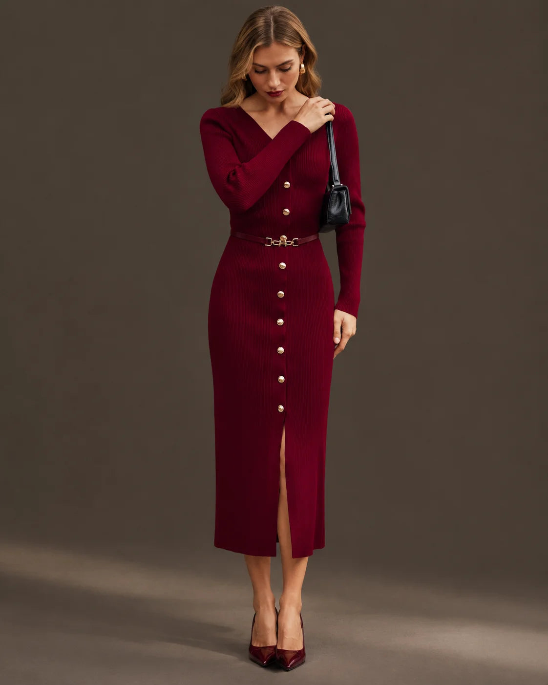 Ribbed Knit Button-Front Sweater Dress + Free Belt | Oyese