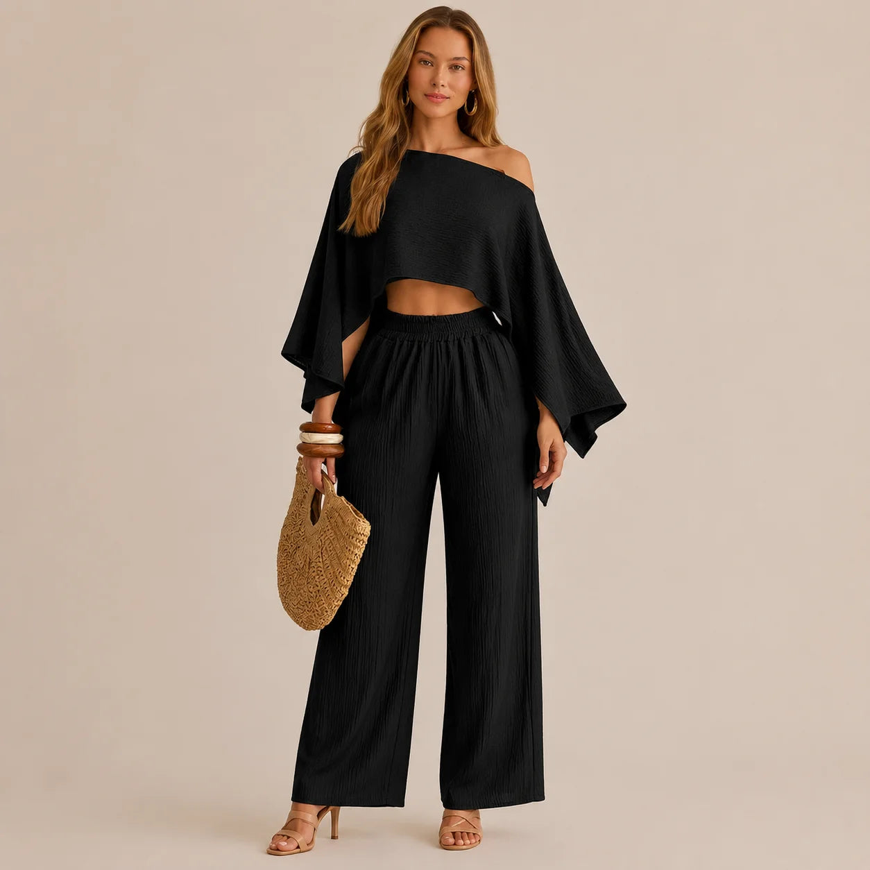 Off-Shoulder Cape Top & Wide Leg Pants Set – Beach Vacation 2-Piece | Oyese