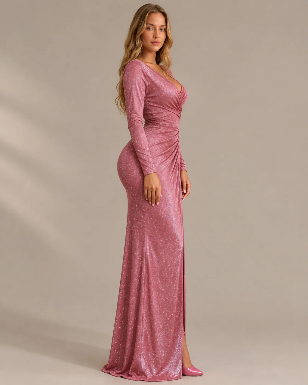 Shimmer Wrap V Neck Long Sleeve Maxi Dress – High Slit Evening Gown | Oyese