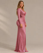 Shimmer Wrap V Neck Long Sleeve Maxi Dress – High Slit Evening Gown | Oyese