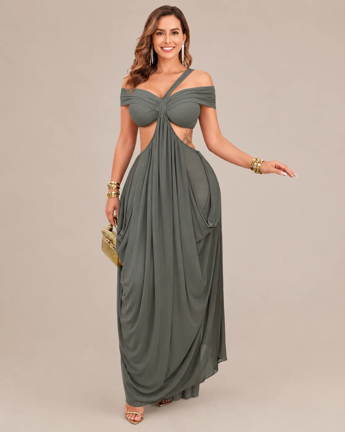 Off-Shoulder Cutout Mesh Draped Maxi Dress | Oyese