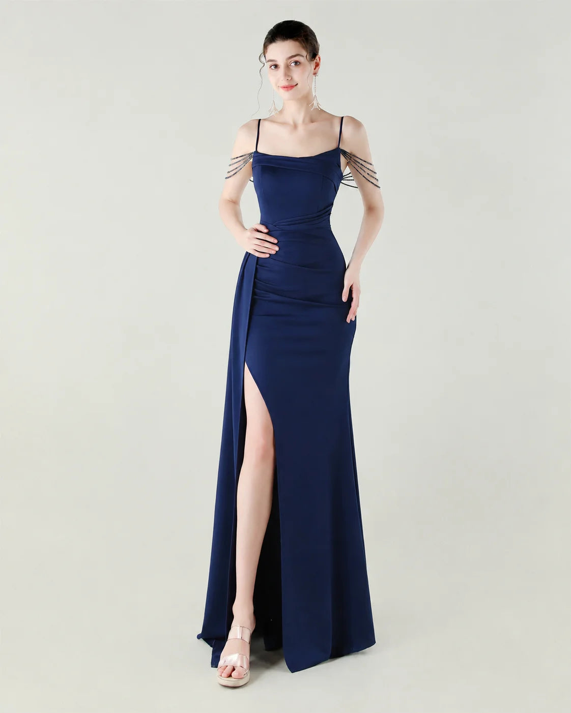 Strapless Beaded Chain Strap Ruched Mermaid Gown | Oyese