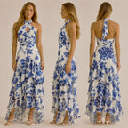 Halter Wrap Tiered Ruffle Maxi Dress – Floral Boho Vacation Gown | Oyese
