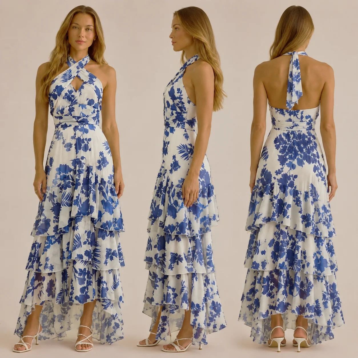 Halter Wrap Tiered Ruffle Maxi Dress – Floral Boho Vacation Gown | Oyese