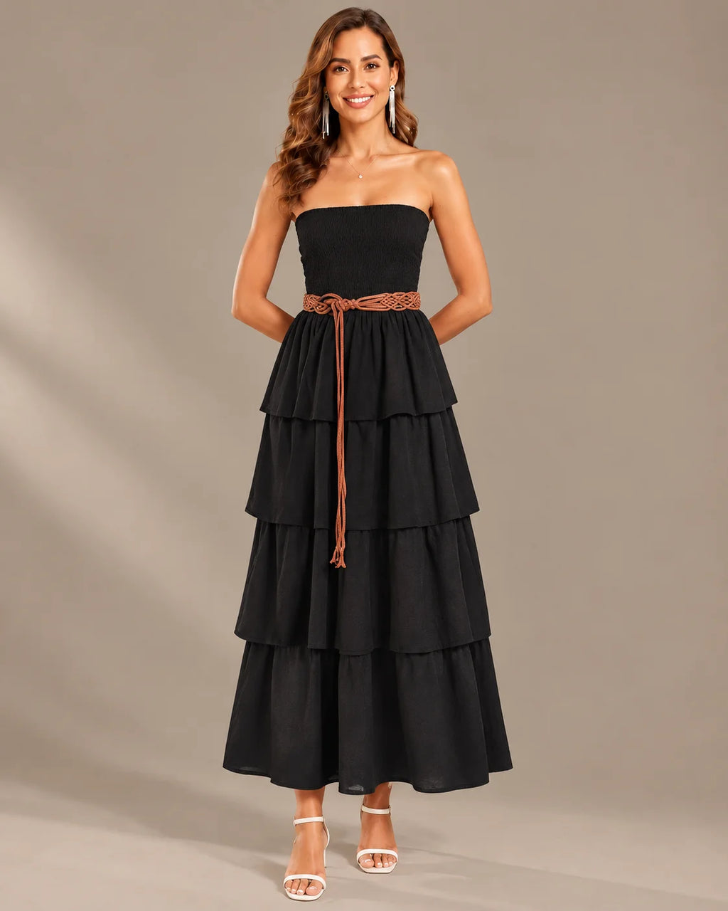 Strapless Smocked Bodice Tiered Maxi Dress | Oyese