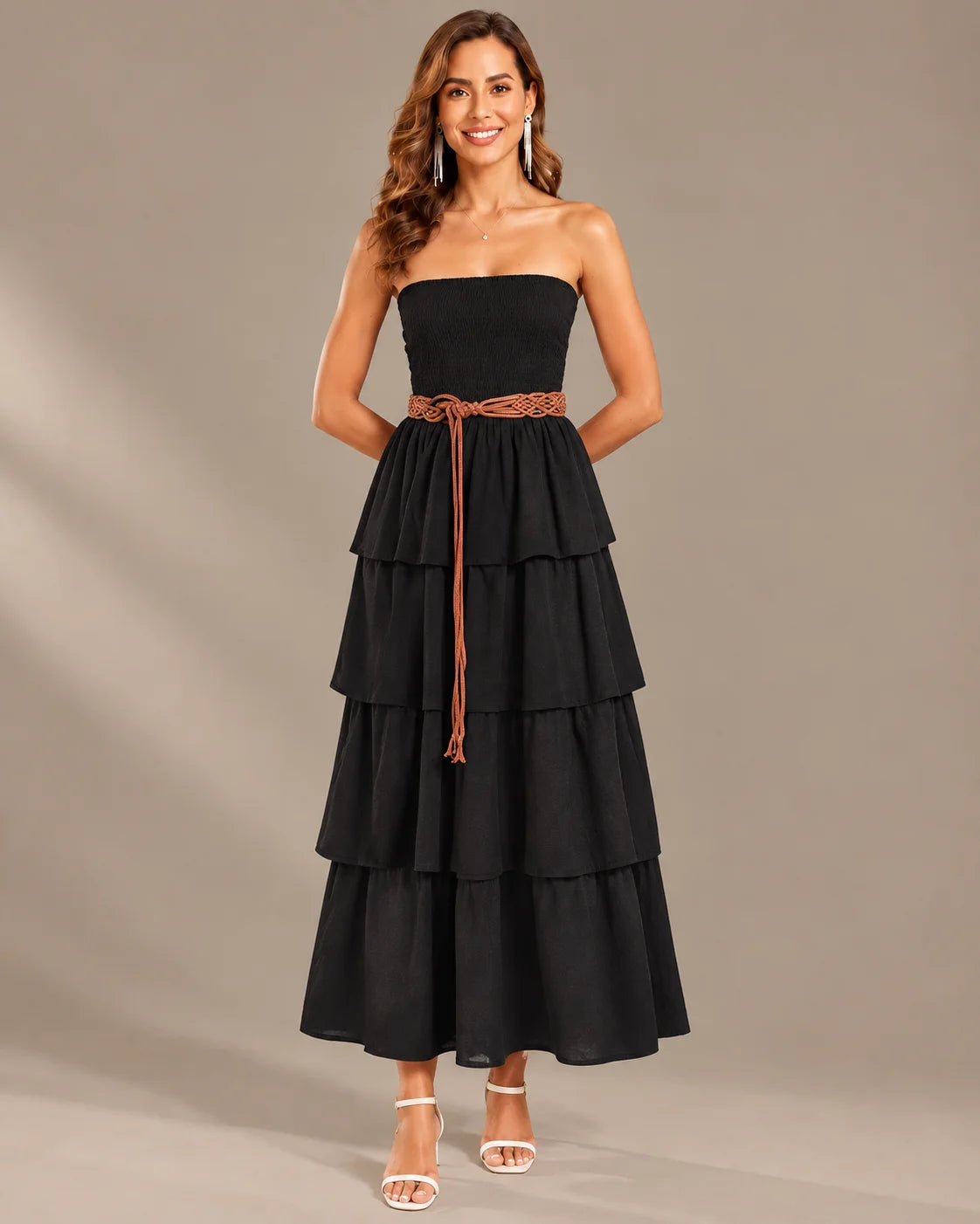 Strapless Smocked Bodice Tiered Maxi Dress | Oyese