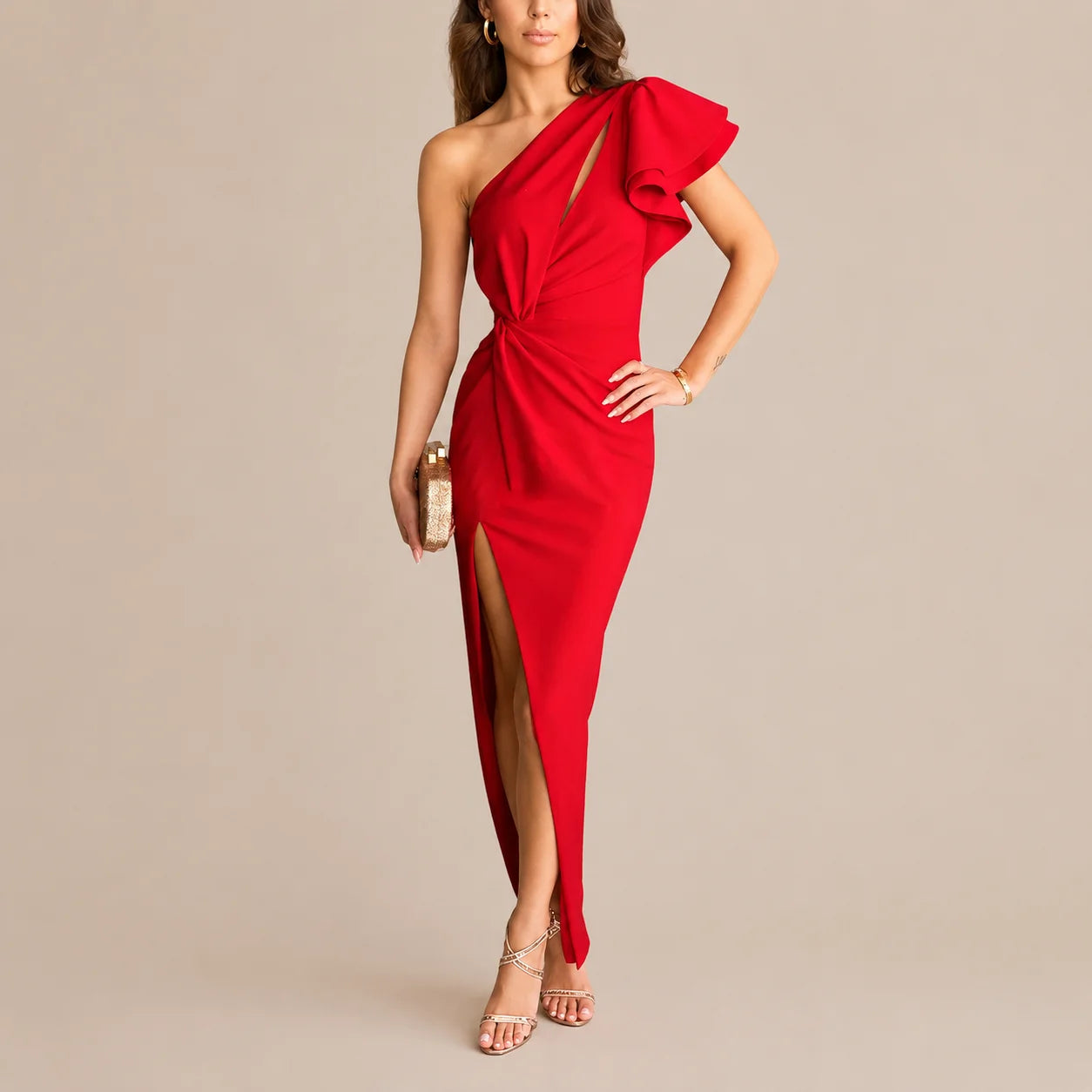 One Shoulder Ruffle Sleeve Cutout Maxi Dress – High Slit Formal Gown | Oyese