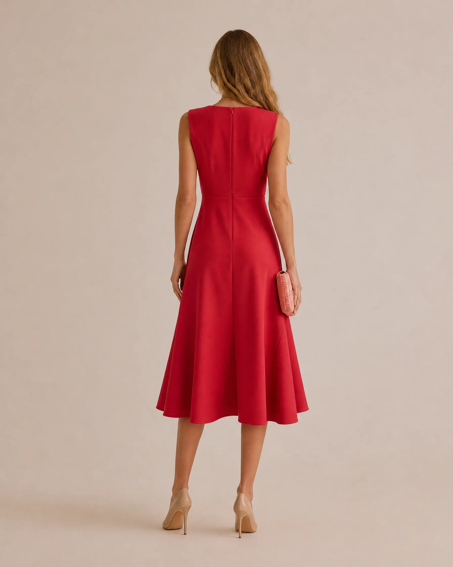 Twisted Knot Waist Midi Dress – Sleeveless Round Neck Office Dress | Oyese