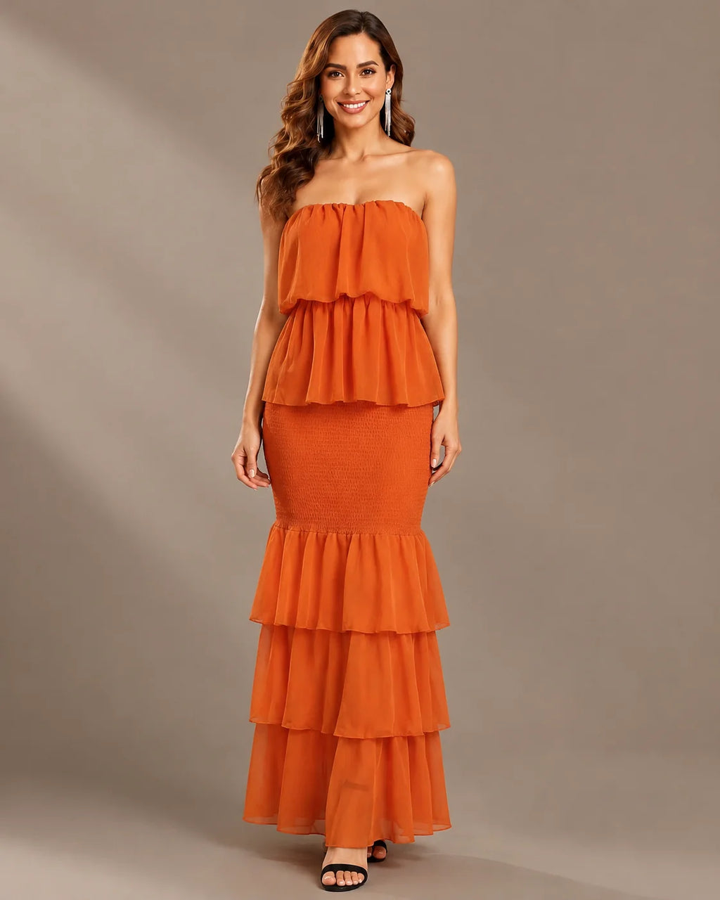Strapless Pleated Tiered Ruffle Fitted Maxi Dress | Oyese