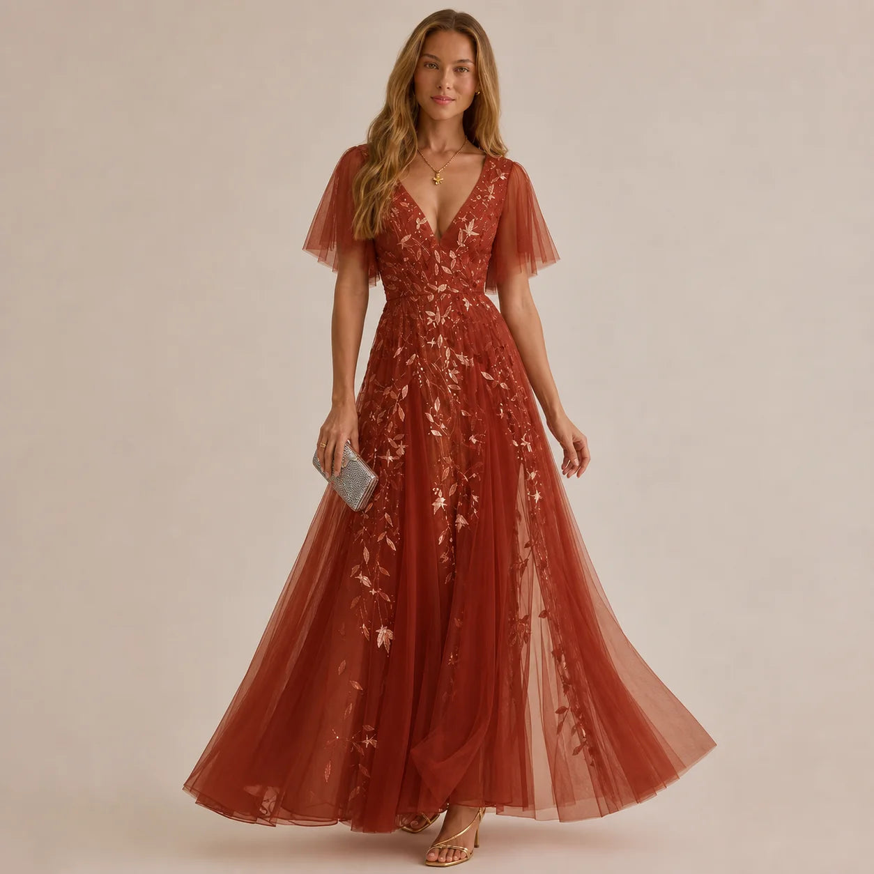 Deep V-Neck Sequin Tulle A-Line Gown – Flutter Sleeve Formal Evening Dress | Oyese