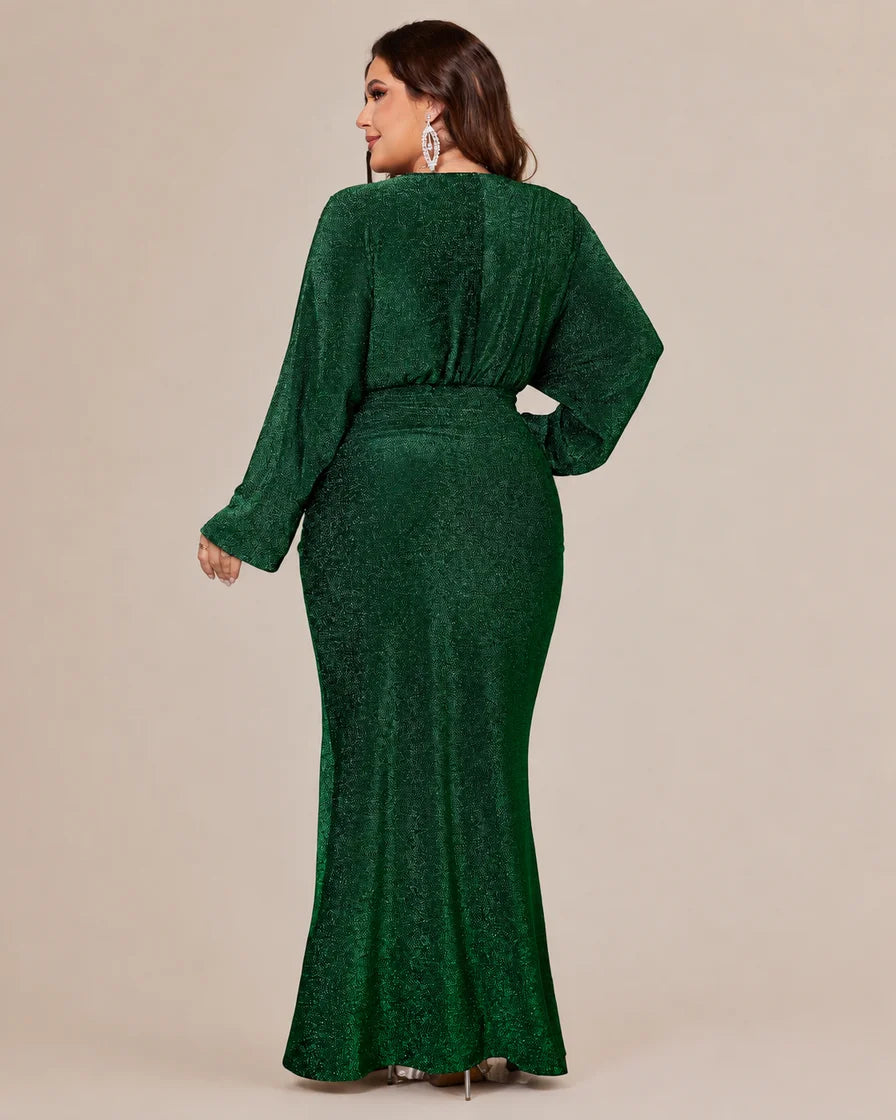 Plus Size V-Neck Glitter Mermaid Gown – Long Sleeve Sparkle Evening Dress | Oyese