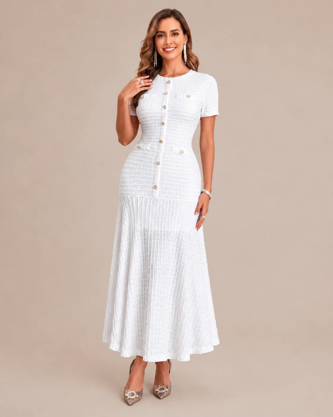 Textured Tweed Button Front Fitted Flare Midi Dress | Oyese