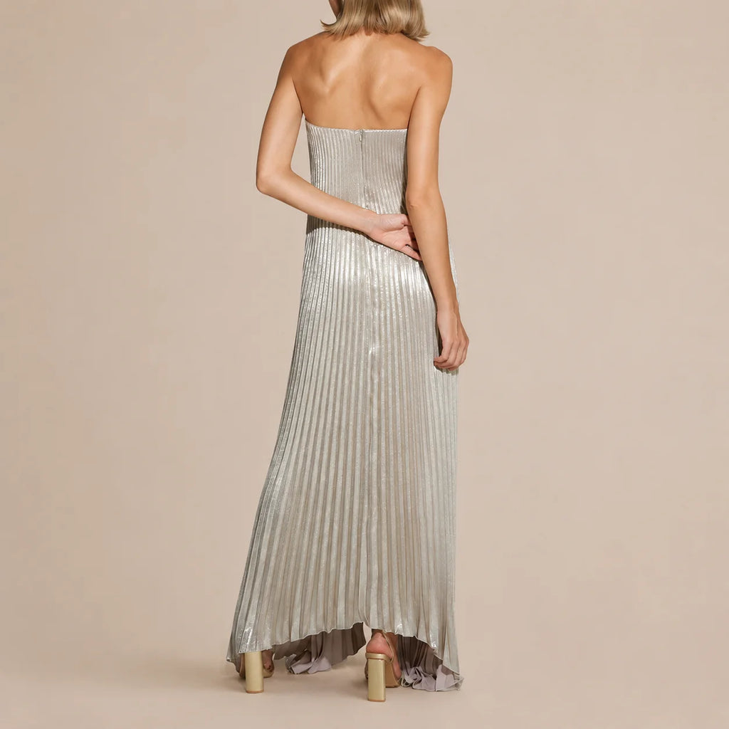Strapless Pleated Maxi Gown – V-Notch Accordion Pleat Formal Dress | Oyese