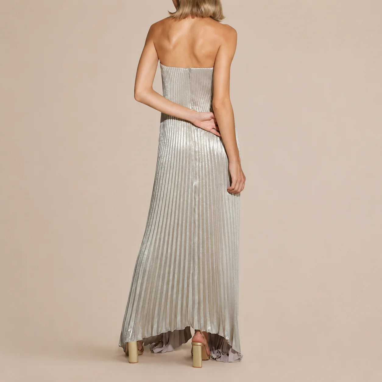 Strapless Pleated Maxi Gown – V-Notch Accordion Pleat Formal Dress | Oyese