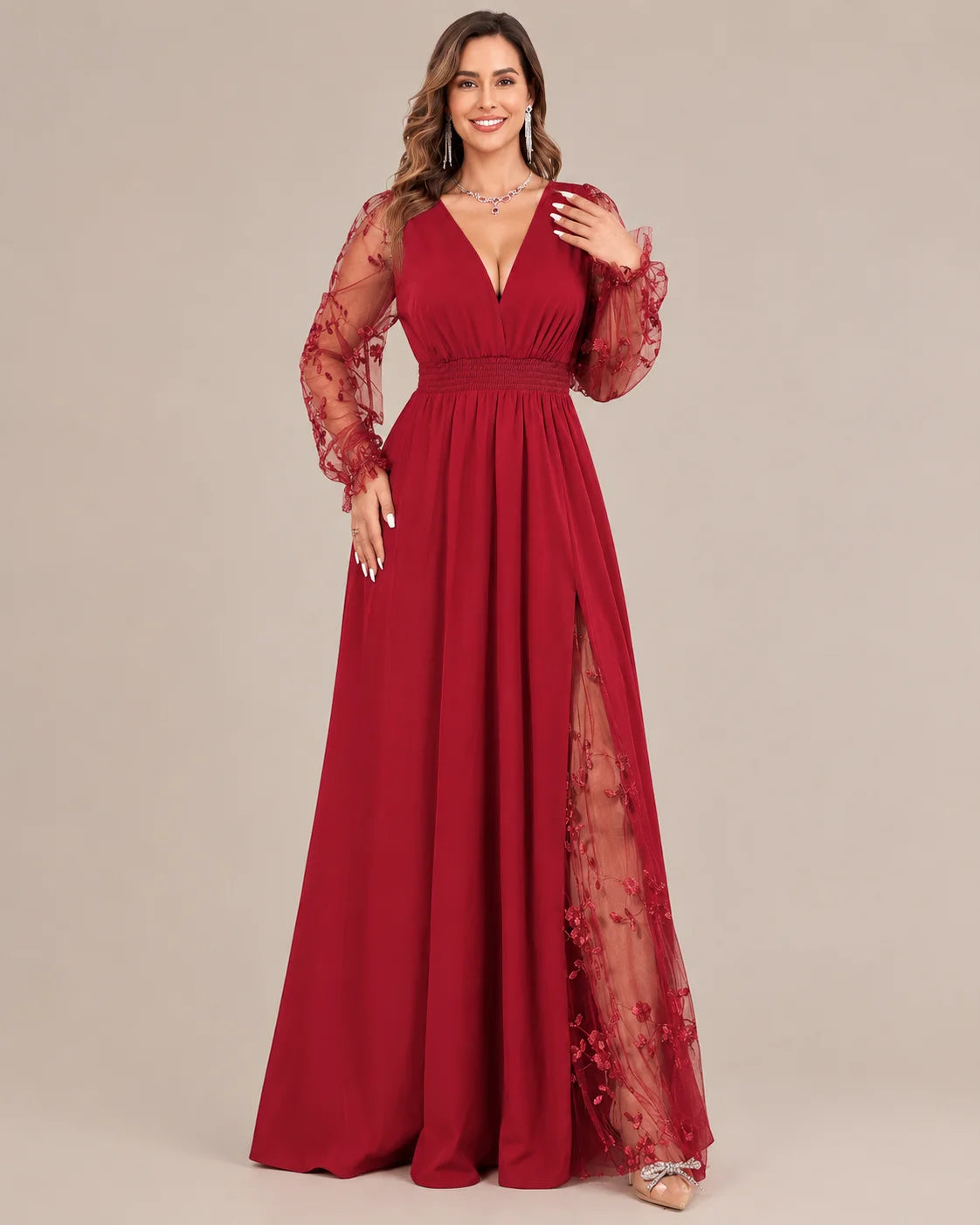 Plus Size Deep V Lace Sleeve Slit Maxi Gown | Oyese