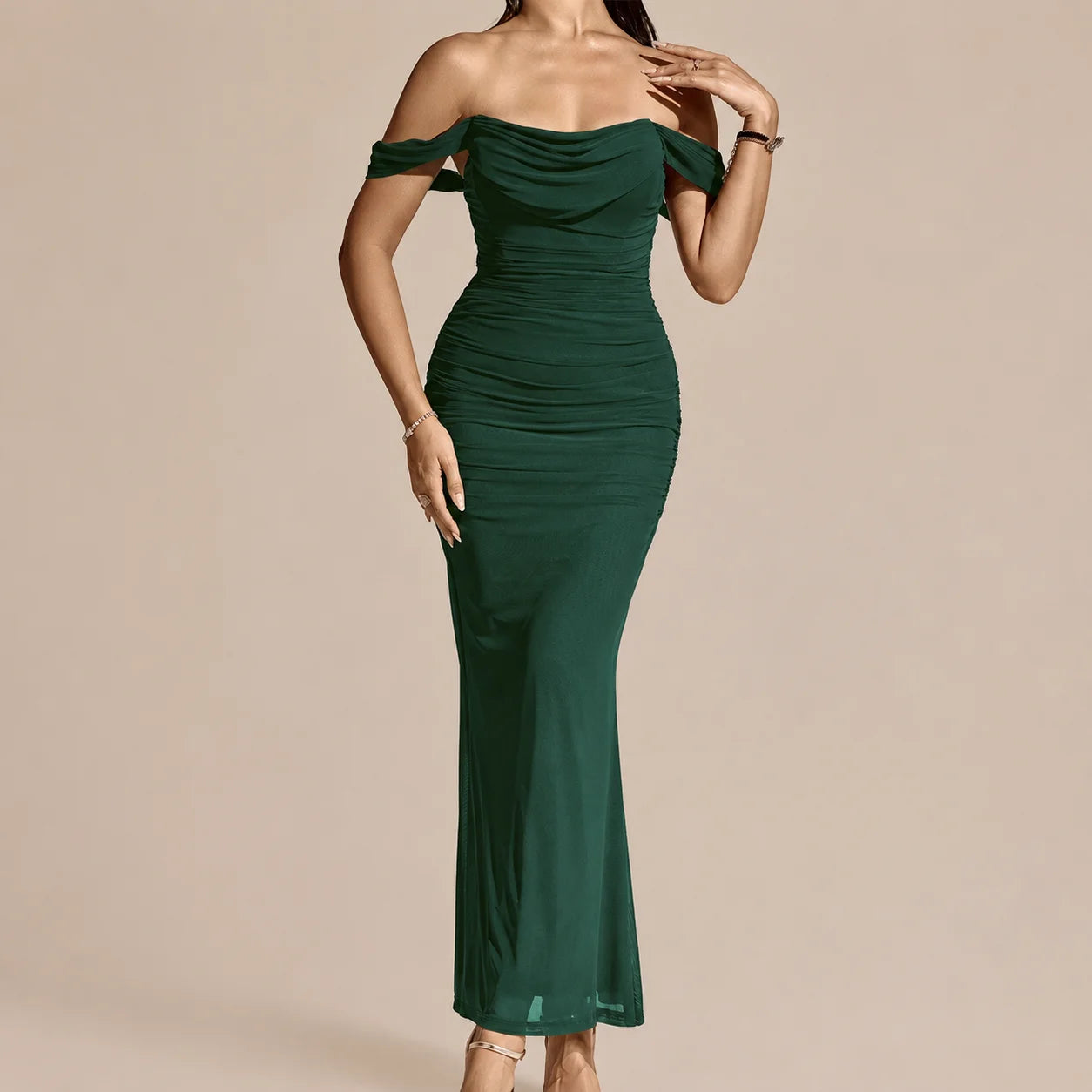 Off-Shoulder Ruched Mesh Bodycon Maxi Dress – Mermaid Evening Gown | Oyese