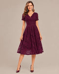 Lace V-Neck Short Sleeve Fit-and-Flare Knee Dress | Oyese