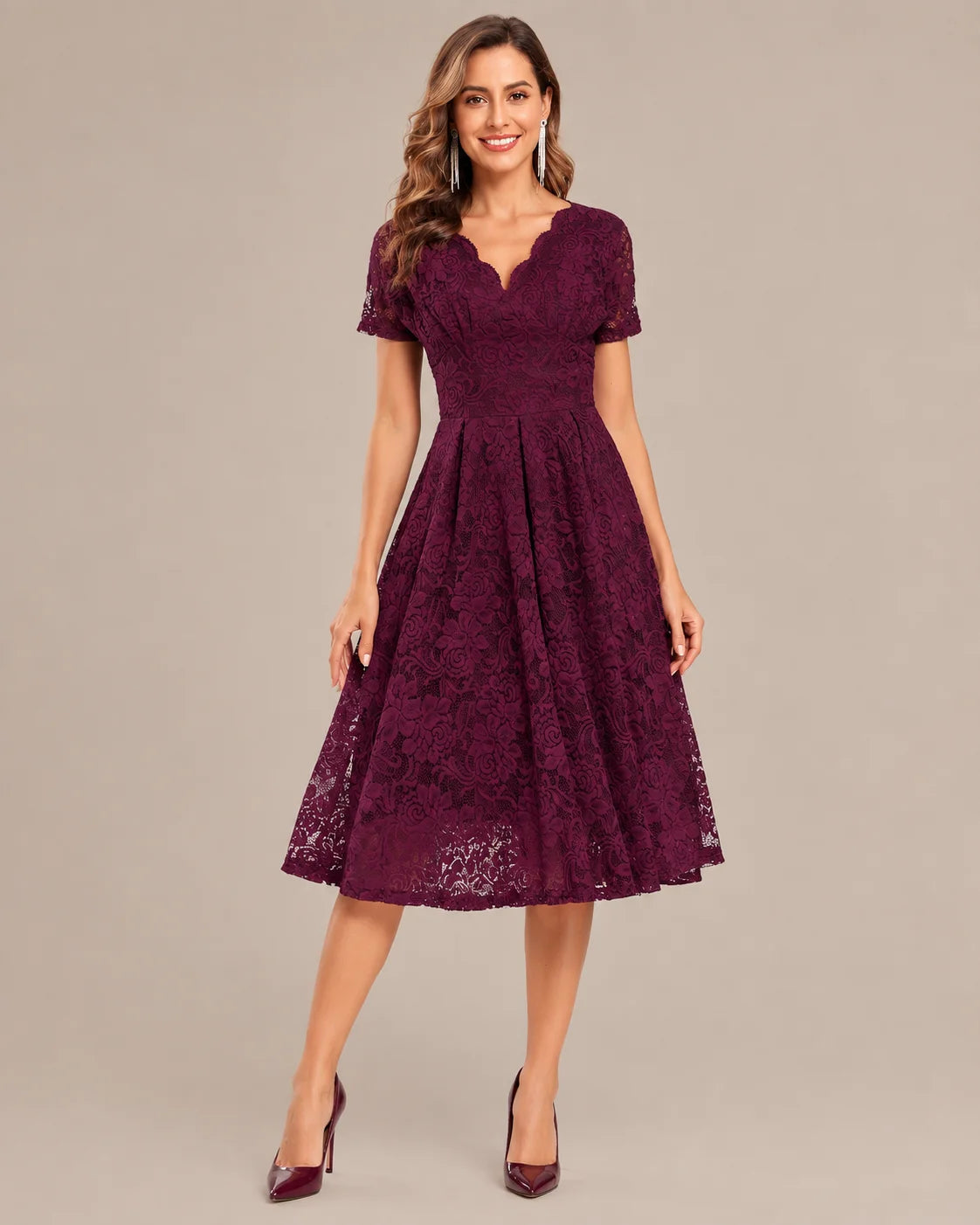 Lace V-Neck Short Sleeve Fit-and-Flare Knee Dress | Oyese