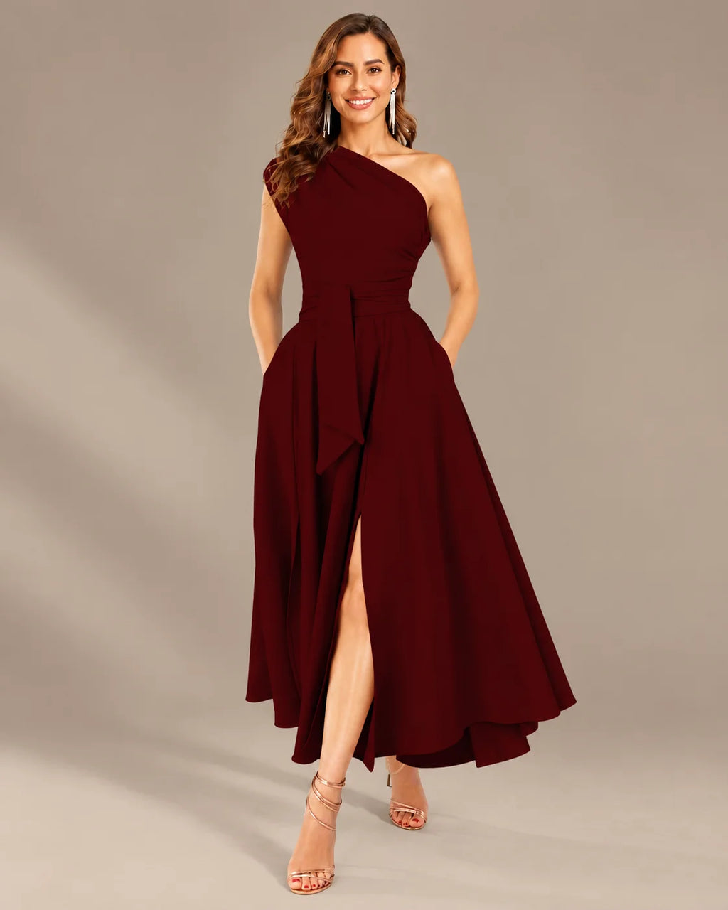 One-Shoulder Cap Sleeve Belted Fit and Flare Midi Dress | Oyese
