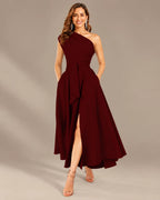 One-Shoulder Cap Sleeve Belted Fit and Flare Midi Dress | Oyese