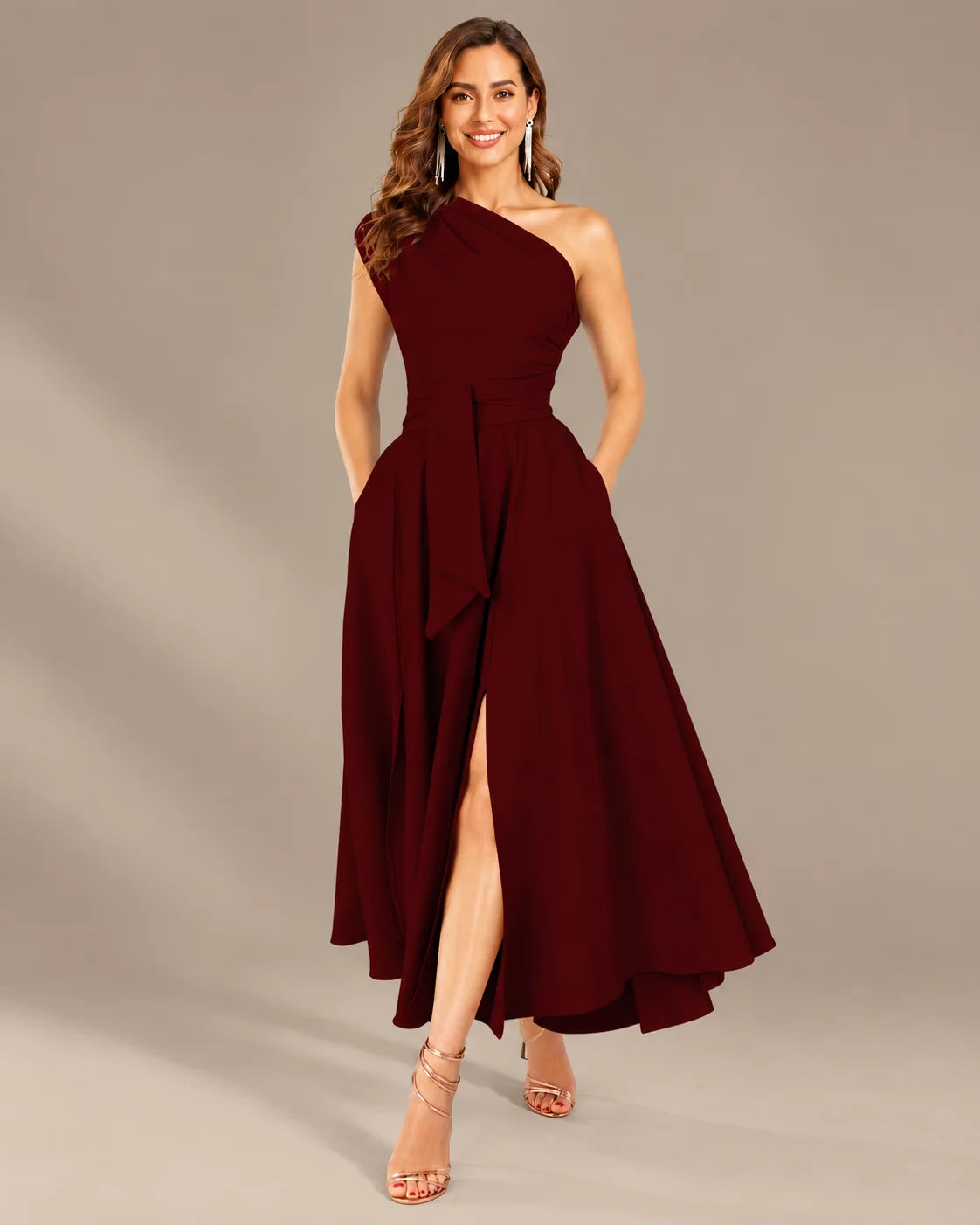 One-Shoulder Cap Sleeve Belted Fit and Flare Midi Dress | Oyese