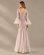 V-Neck Bell Sleeve Sequin Tulle Mermaid Evening Gown | Oyese